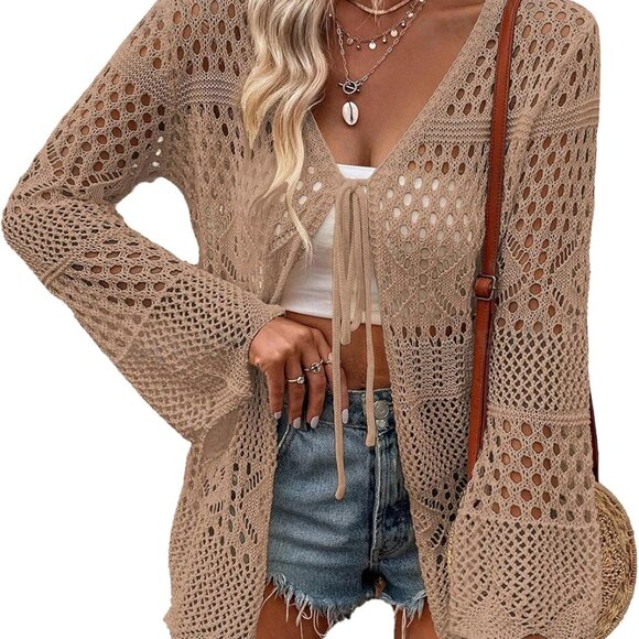 Women’s Crochet Kimono Cover Up Beach Wear Open Front Swim Wrap S-XXL - Picture 1 of 5